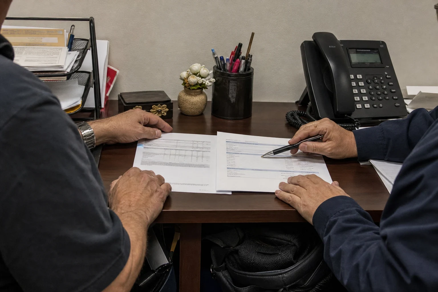 Two people at a wooden office desk reviewing two printed documents side by side, one holding a pen, with a desk phone, pen cup, and paper tray nearby