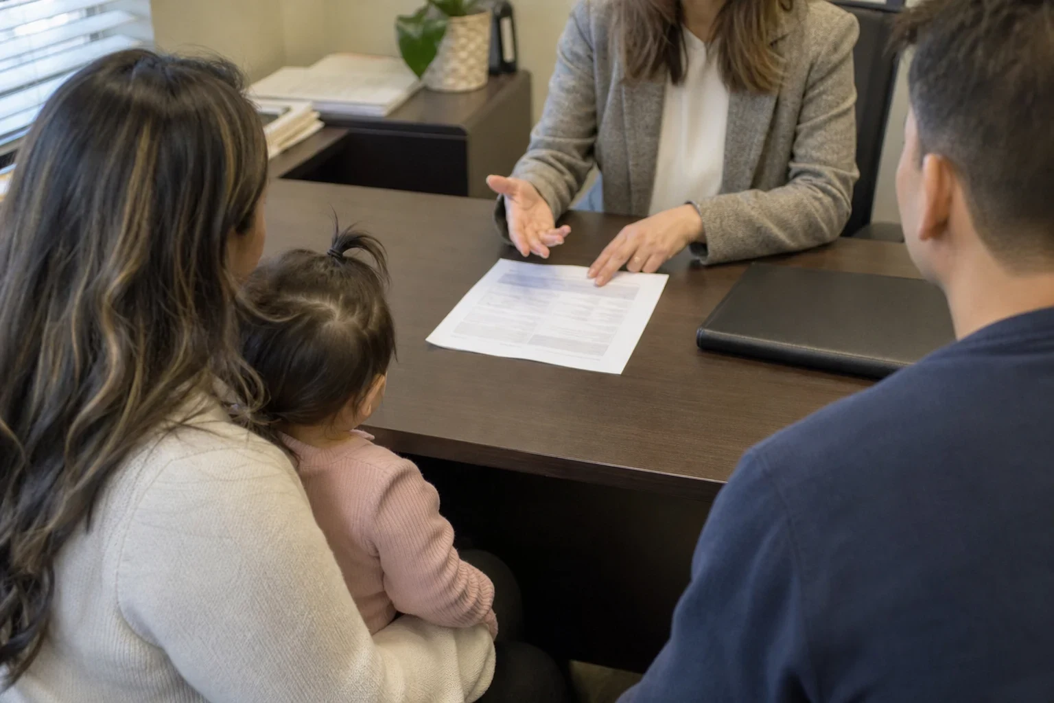 Insurance agent at a wooden office desk gesturing toward a paper as a couple, the mother holding a toddler, sit across from her listening