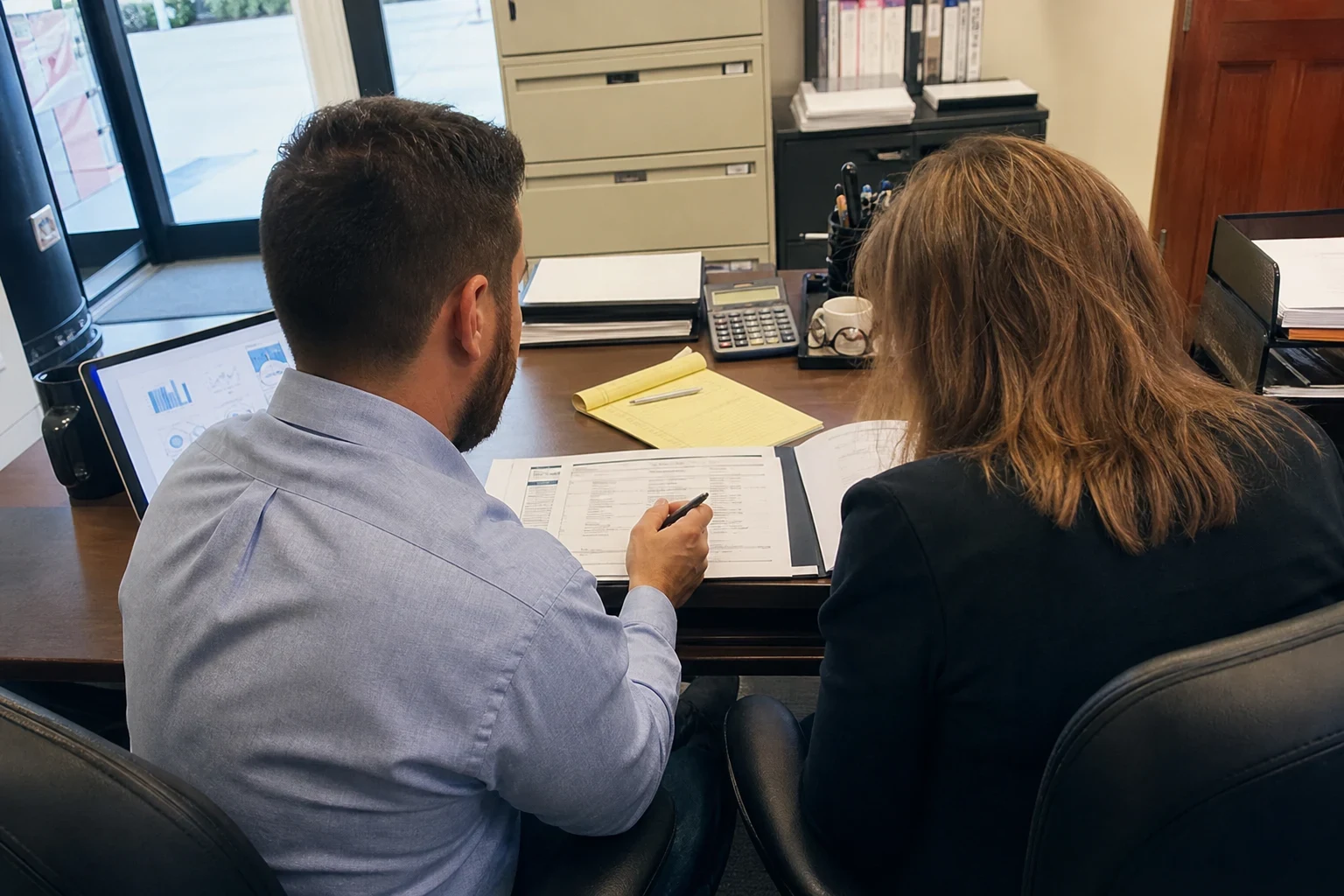Two people seen from behind at an office desk reviewing a printed statement, with a yellow notepad, calculator, filing cabinet and tablet nearby