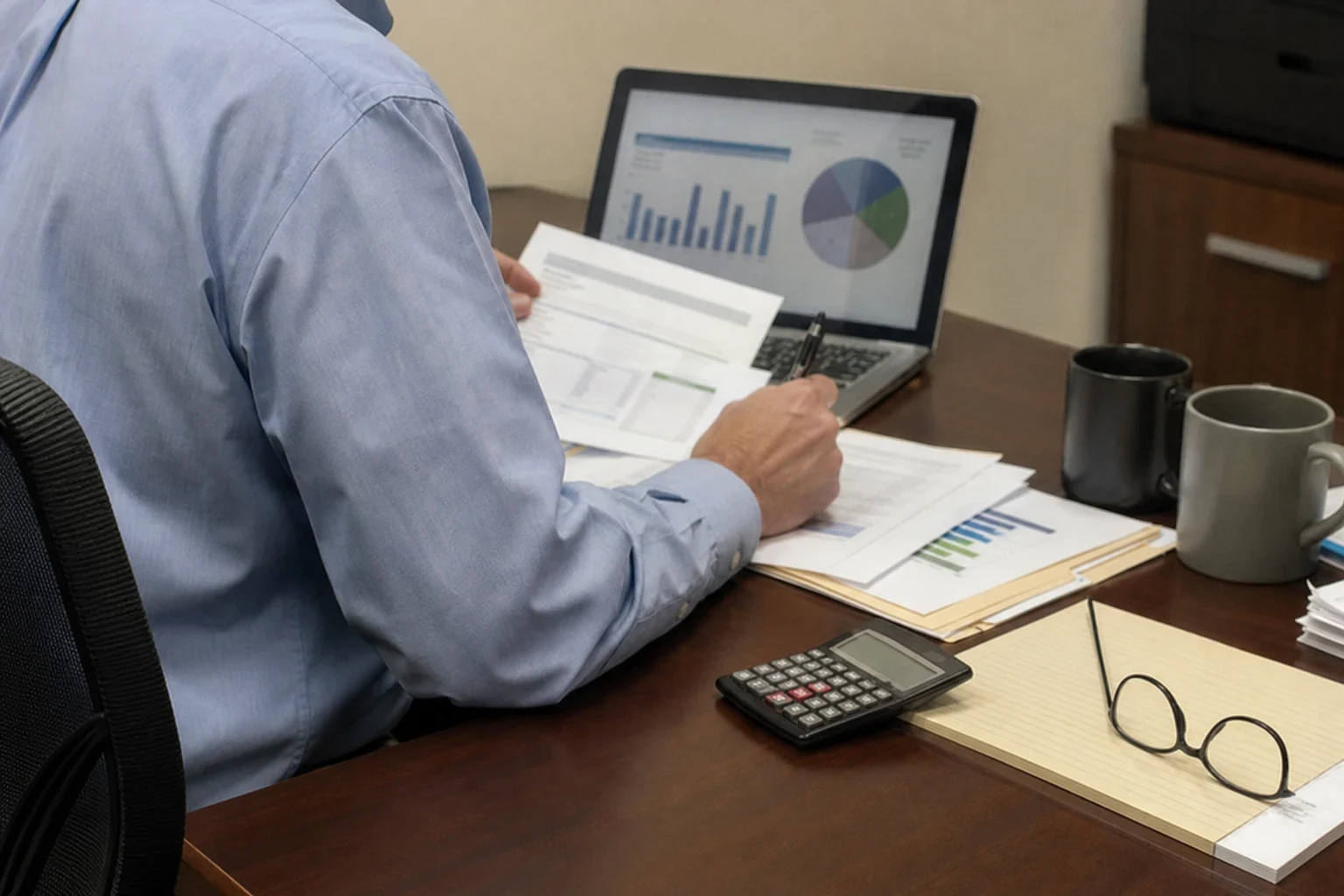 Man in a blue dress shirt at a wooden office desk reviewing financial papers beside a laptop showing charts, with a calculator, legal pad, glasses and coffee mugs