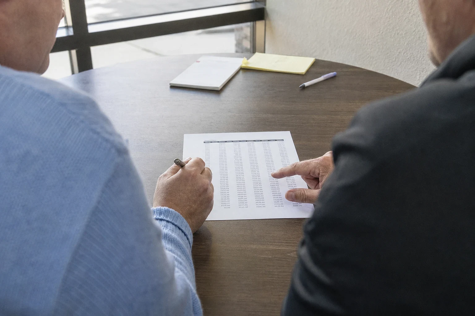 Over-the-shoulder view of two men at a round wooden table by a window, one pointing at a printed table of figures while the other holds a pen